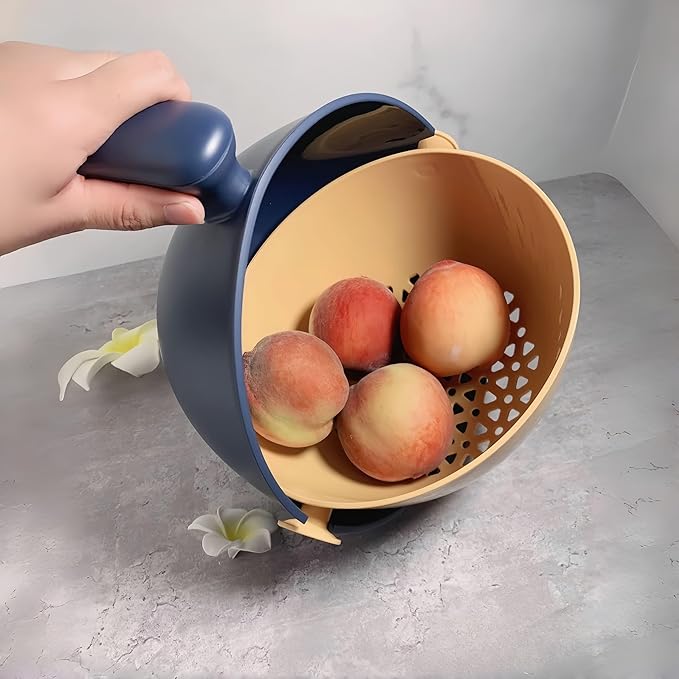 2-1 Colander for Kitchen-Rotatable Strainers-Food Strainers and Colanders-Pasta Strainer-fruit colander-strainer with handle-Kitchen Gadget Essentials (Navy Blue)