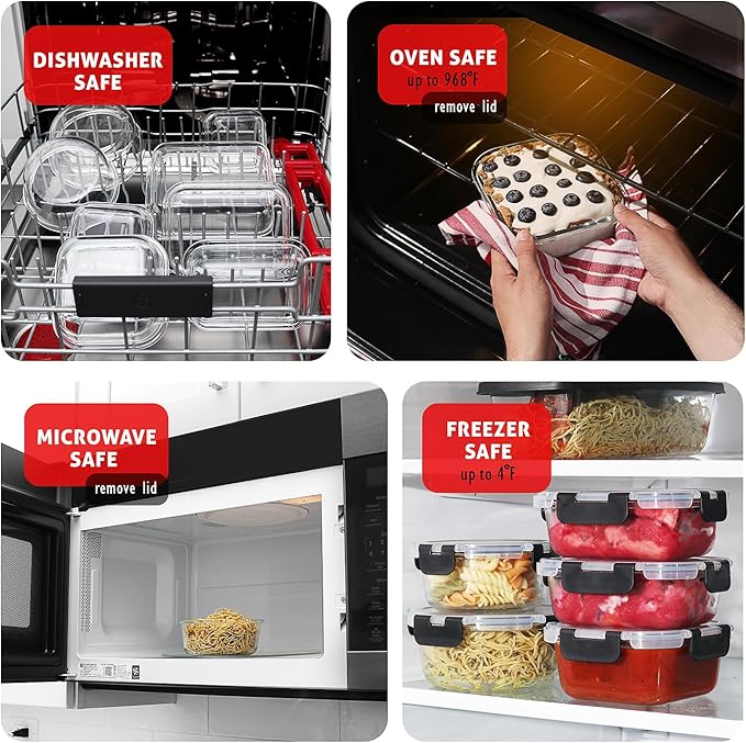 EATEX 16pc Glass Food Storage Containers with Lids, Airtight Glass Meal Prep Containers, 8 Reusable Food Storage Bins with 8 Leakproof Snap Lock Lids, Oven Microwave Freezer Safe Containers New