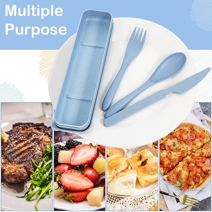 Yahenda 28 Sets Reusable Travel Utensils Set with Case Wheat Straw Cutlery Portable Spoon Knife Fork Tableware Lunch Box Accessories Bulk for Adults Travel Picnic Camping Utensils Gifts(Pastel Color)