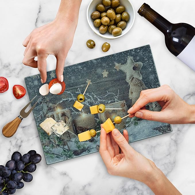 Ambesonne Christmas Cutting Board, Candle Winter Holiday Themed Arrangement with Snow and Fir Tree Leaves Print, Decorative Tempered Glass Cutting and Serving Board, Small Size, Khaki and Grey