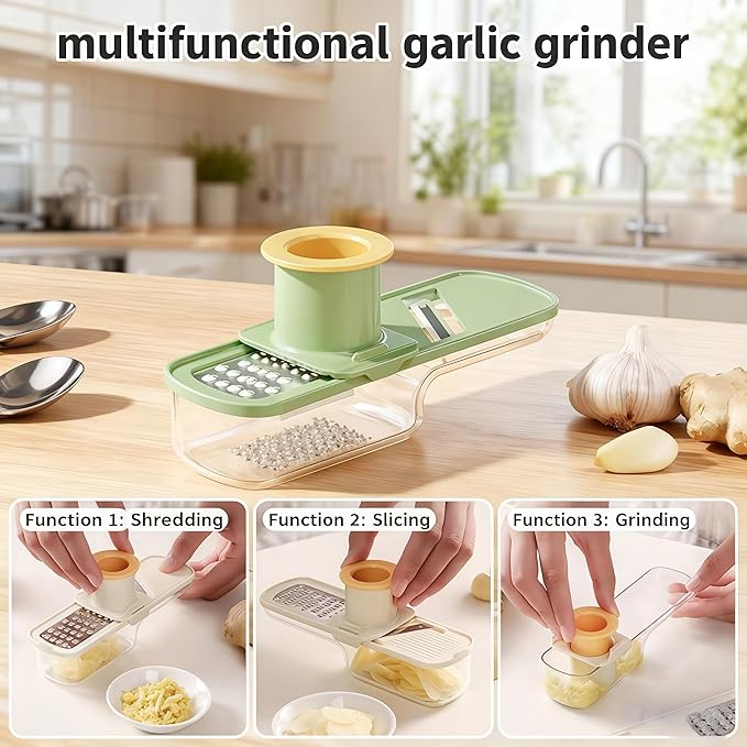 Multifunctional Garlic Grinder, 3 In 1 Garlic Slicer Super Thin for Garlics, Ginger, Garlics Grinder Mini Easy to Clean and Dishwasher Safe (green+white)
