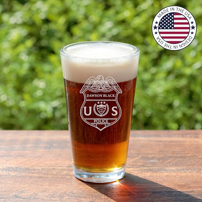 Personalized Police Officer Beer Glass, Custom Name & Number Beer Pint, 16oz Engraved Police Drinkware, Engraving Gifts for Men Dad, Retirement, PD
