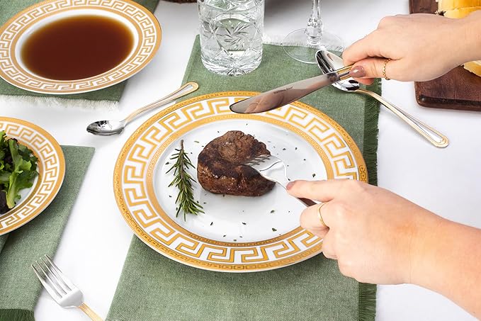 Porcelain Dinnerware Set for 1 - White with Gold 4 Piece Set Vintage Greek Key Design - Elegant Dinner Plates, Soup Plates and Mugs - Dining Kitchenware for Home, Formal Occasions and Everyday Dishes