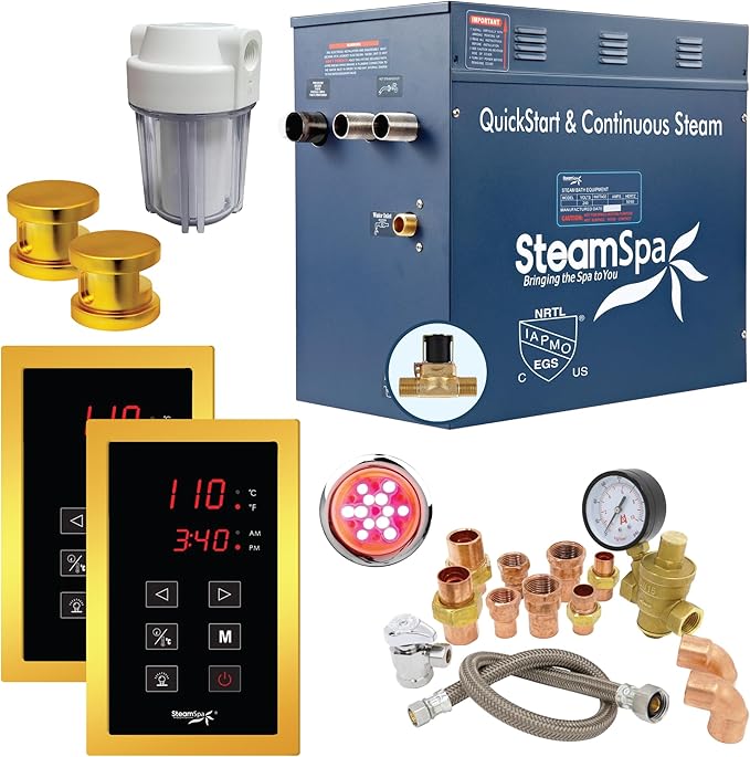 SteamSpa Executive 12 KW QuickStart Acu-Steam Bath Generator Package with Built-in Auto Drain and Install Kit in Polished Gold, Steam Generator Kit with Dual Control Panel Steamhead 240V EXT1200GD-A