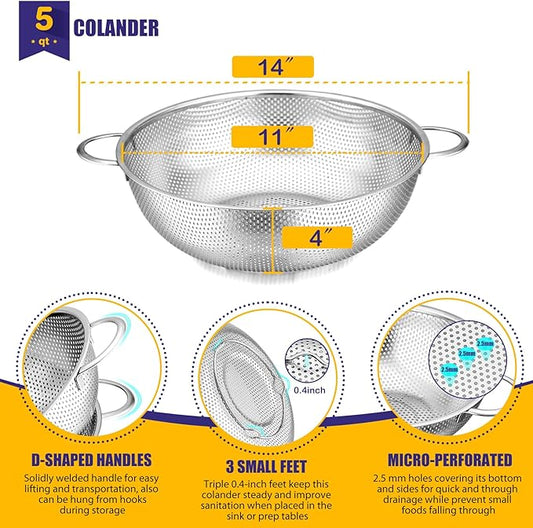 E-far 5-Quart Stainless Steel Colander, Micro-Perforated Metal Colander Strainer with Handle for Kitchen/Draining Pasta/Rinsing Vegetables Fruits, Heavy Duty & Dishwasher Safe - 11 Inches