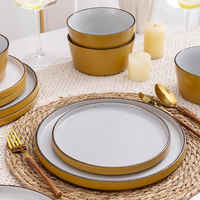 AmorArc Dinnerware Set for 4,12 Pieces Ceramic Plates and Bowls Set, Handcrafted Speckled Stoneware Tableware, Dishwasher & Microwave Safe Dishes - (Service for 4)
