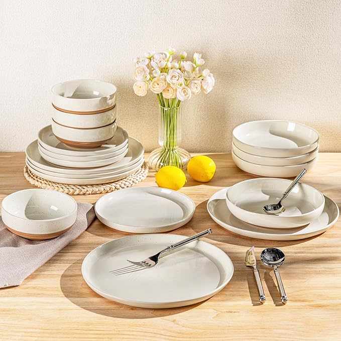 AmorArc Ceramic Dinnerware Sets, Handpainted Plates and Bowls Set with Rustic Terracotta Underside, Scratch Resistant Stoneware Dishes Set, Dishwasher & Microwave Safe