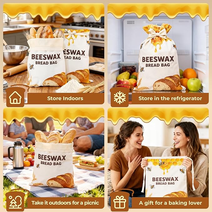 OHIYO Beeswax Bread Bags for Homemade, Reusable Natural Beeswax Sourdough Bread Bags Freshness Keeper for Homemade, Bakery Essentials (2 Pack)