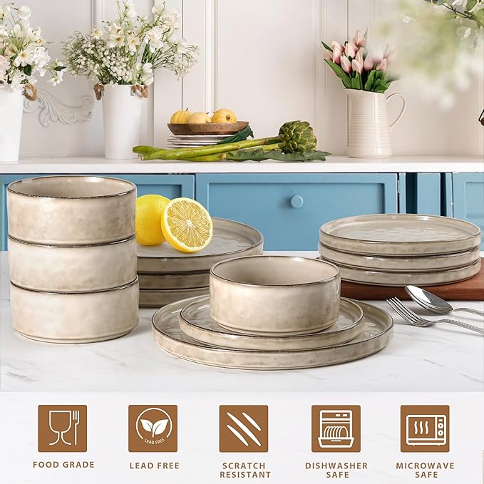 LIANYU 18 Piece Dinnerware Dish Set for 6, Stoneware Plates and Bowls, Ceramic Dinner Tableware Sets Includes Dinner Salad Plates, Cereal Bowls, Chip & Scratch Resistant, Sandy Beige