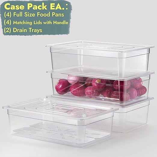 CURTA 4-Pack Full Size 6" Deep NSF Polycarbonate Food Pans with Handled Lids & Drain Trays | Dishwasher & Freezer Safe Clear Container for Prep Tables, Buffet, Salad Bar, Commercial Kitchen