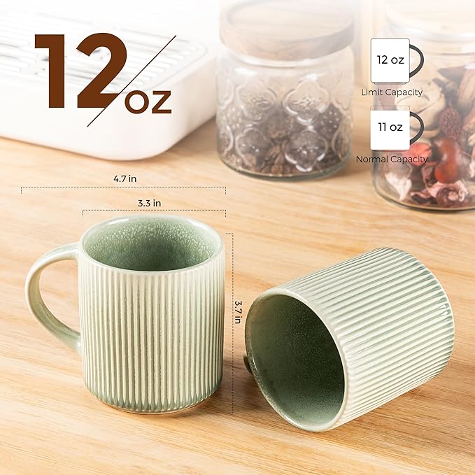 GBHOME 12oz Stoneware Coffee Mugs, Ceramic Coffee Cups with Handle for Man,Woman,Dad,Mom, Modern Coffee Mugs Set of 6 for Latte/Cappuccino/Cocoa/Tea/Cocoa/Milk. Dishwasher&Microwave Safe,Olive Green
