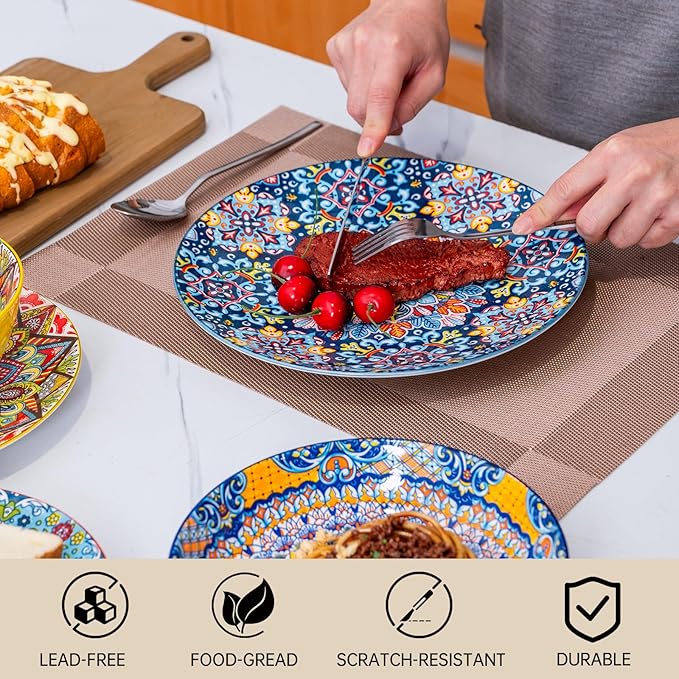 18 Pieces Dinnerware Sets, Porcelain Dishes Set for 6, Microwave and Dishwasher Safe, Scratch Resistant, Bohemian Style Plates and Bowls Set, Service for 6