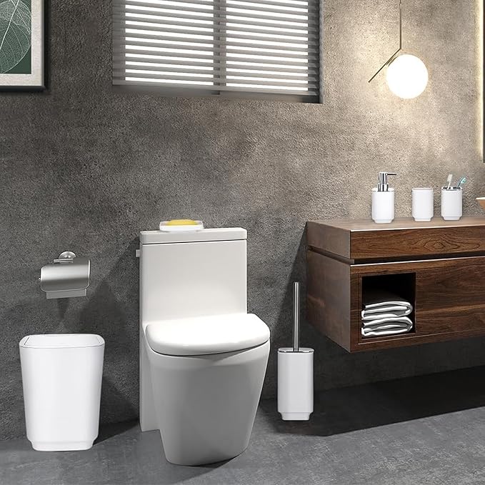 Bathroom Accessory Set 6 Piece Bathroom Accessories Set with Toothbrush Holder&Cup,Soap Dispenser& Dish,Toilet Brush Holder,Trash Can Plastic Gift Set for Bathroom Decorative Countertop（White