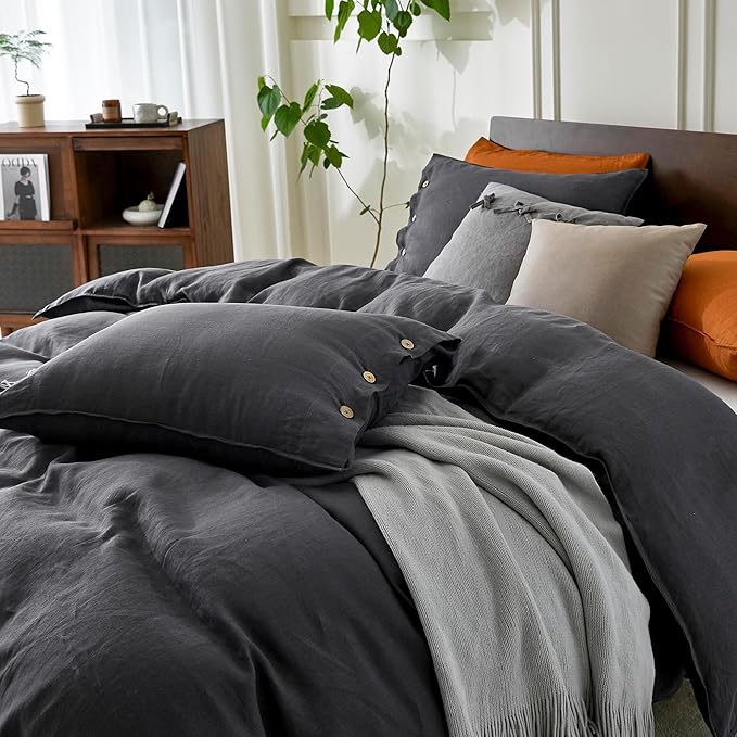 EVERLY 100% Pure Linen Duvet Cover Set Oversized King120X98Inch 3pcs (1 Duvet Cover,2 Pillowcases) Soft and Breathable for All Season with Coconut Button Closure, Suitable for Hot Sleepers-Dark Grey