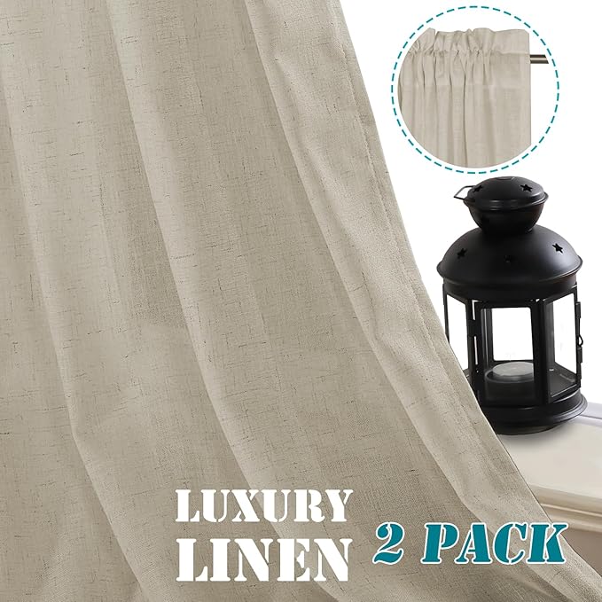 H.VERSAILTEX Linen Curtains Elegant Natural Linen Semi Sheer Curtains Energy Light Filtering Rod Pocket Window Treatments Panels for Living Room (Set of 2, Castle Wall, 52 inch W X 54 inch L)