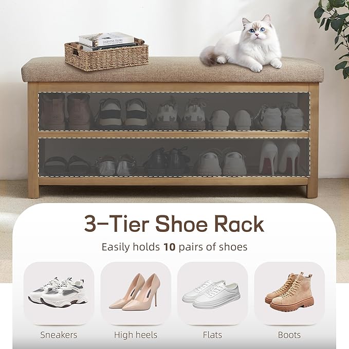 Shoe Rack Bench with Cushion, 2 Tier Solid Wood Storage Bench, Mid-Century Modern Shoe Bench for Entryway, Hallway, Closet, Front Door Entrance, Foyer (Brown, 46.5")