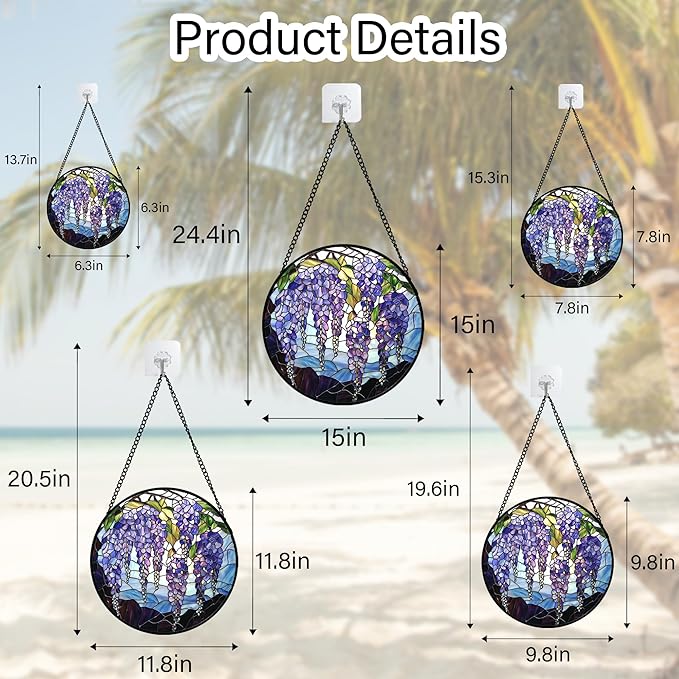 Stained Glass Window Hanging, Wisteria Flower Sun Catcher for Door Home Decor Purple and Blue Suncatcher Christmas Mother's Day Birthday Gifts for Women Men Mom and Nana 9.8 in