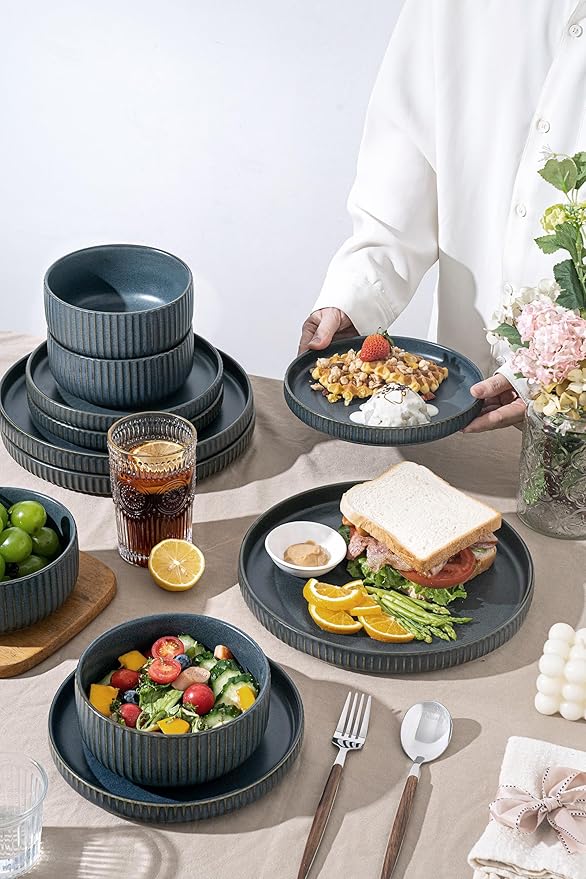 Dinnerware Sets for 6,18 Piece Starry Blue Plates and Bowls Set,Elegant Ceramic Dish Set for Relaxed Dining, Giftable and Dishwasher Safe