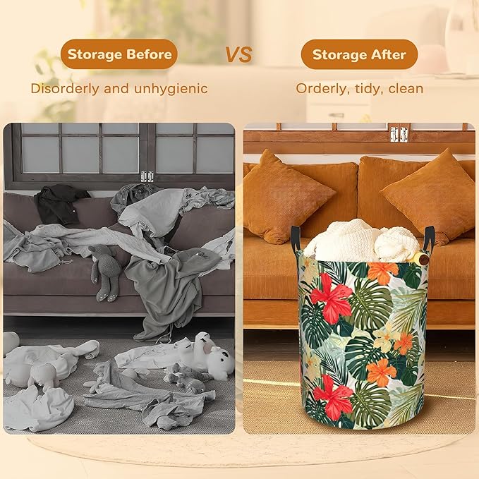 Tropical Palm Leaves Large Storage Basket,Hibiscus Flowers Laundry Hamper/Bathroom/Home Decor/Collapsible Round Storage Bin,Boys Girls Dirty Clothes Hamper/Boxes/Toys Storage 16x20 Inch