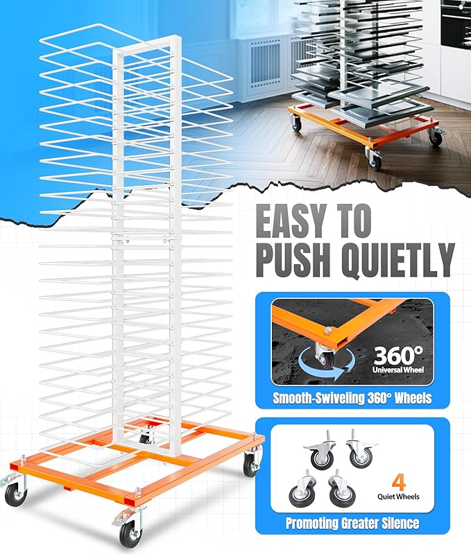 HECASA 50 Shelf Cabinet Drying Rack with Caster, Mobile Rack Stand with 25 LBS per Shelf Capacity, for Cabinet & Full-Size Doors, Art Studios – Space-Saving Vertical Design Powder Coated