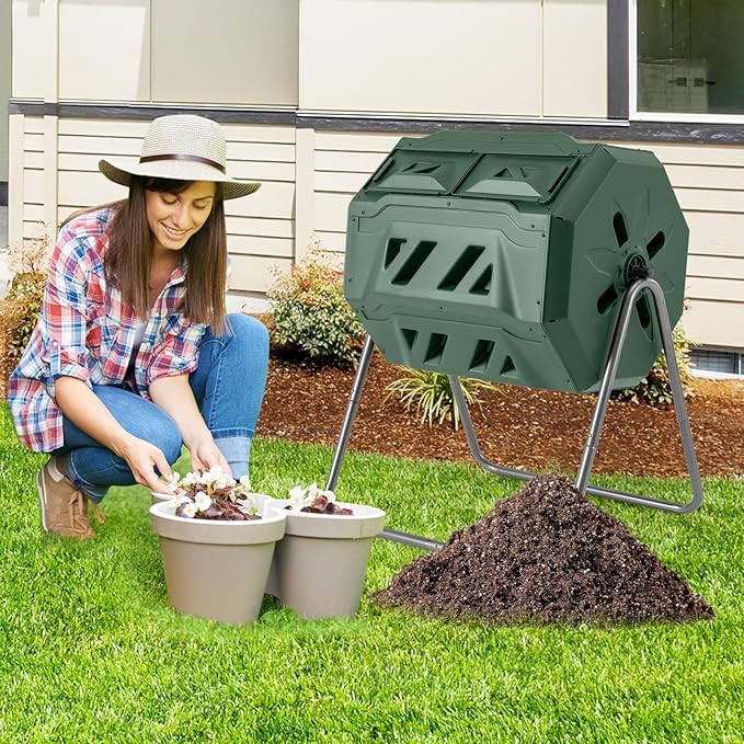 Goplus Compost Bin, Outdoor 42-Gal Dual Chamber Composting Tumbler w/2 Sliding Doors, Heavy-Duty Metal Frame, 360° Rotatable Tumbling Composter, BPA-Free Compost Tumbler for Kitchen Garden Yard Waste