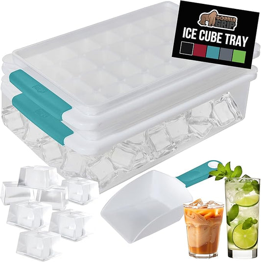 GORILLA GRIP BPA-Free Easy Release Stackable Ice Cube Tray for Freezer, Set Makes 56 Cubes for Cocktails, Coffee, Bucket Kit Includes 2 Leakproof Trays with Lid and Scooper, Kitchen Tool, Turquoise