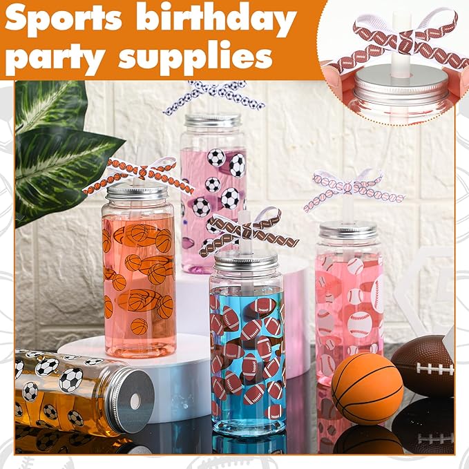 Hushee 24 Pcs 14.2 oz Sports Plastic Tumbler with Lid and Straw Basketball Football Baseball Soccer Clear Plastic Cups with 4 Sports Themed Ribbons Reusable Cups for Birthday Party Favors