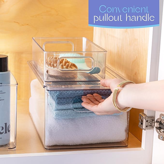 primebox Plastic Clear Stackable Storage Bins with Lids. Great for Pantry or Kitchen Organization. Fridge Organization Containers. Cabinet, Bathroom Organizer. 4 Pack