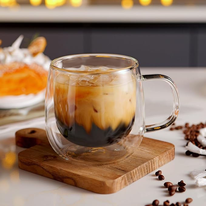 CNGLASS 12oz Double Walled Glass Coffee Mugs(4-pack),Large Clear Coffee Cups with Handle,Glass Espresso Mugs for Latte,Cappuccino,Tea
