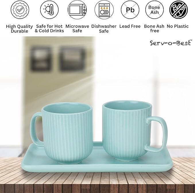 Ceramic Coffee Mugs with Handle Set – 2-Piece 11 Oz Ceramic Coffee Cups & 9" Tray, Handmade Sea Mist Green Color, Microwave Safe Gift Set for Tea Lovers, Home Kitchen Décor