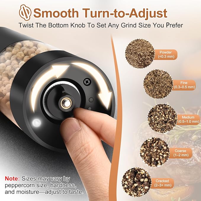 Hxro Electric Salt and Pepper Grinder with 4-Mode Timer, USB-C Rechargeable Pepper Mill with LED Light, Adjustable Coarseness & 120 ML Large Capacity, Perfect for Kitchen, BBQ, Dining Table & Gifts