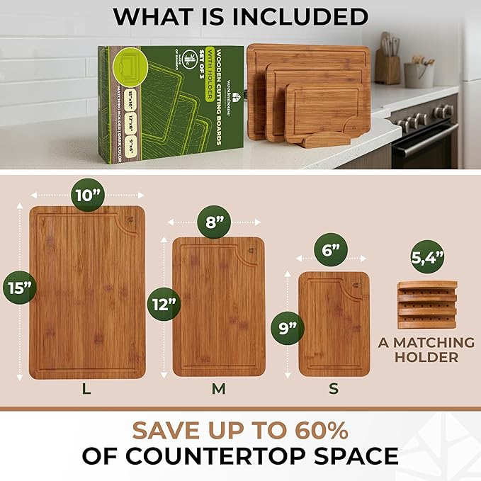 Bamboo Cutting Board Set of 3 with Holder – Durable Wooden Boards for Kitchen, Chopping & Serving – Eco-Friendly by Woodenhouse
