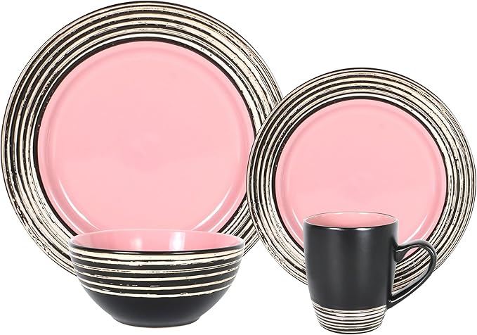 16 Piece Dinnerware Set, Ceramic Plates and Bowls Sets for 4, Microwave and Dishwasher Safe, Handcrafted Tree Bark Series Dish Set, Rose/Pink