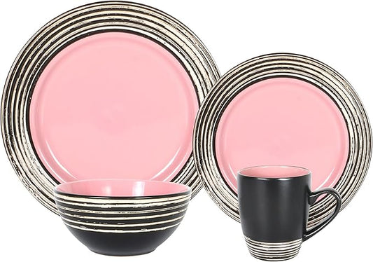 16 Piece Dinnerware Set, Ceramic Plates and Bowls Sets for 4, Microwave and Dishwasher Safe, Handcrafted Tree Bark Series Dish Set, Rose/Pink