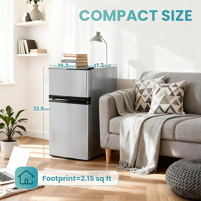 Double Door Refrigerator with Freezer, 3.55 Cu.Ft, Small Fridge with Freezer, 7 Settings Temperature Adjustable, Mini Refrigerator for Office and Apartment Bedroom Dorm(3.55 Cu.Ft, Silver)