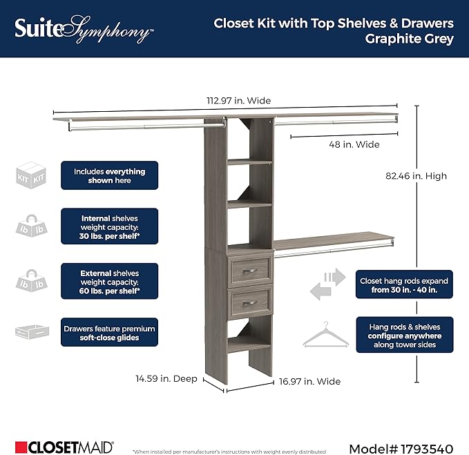 ClosetMaid SuiteSymphony Wood Closet Organizer Kit with Tower 3 Hang Rods, Top Shelves, 2 Drawers, Adjustable, Fits Spaces 5-9 ft. Wide, Graphite Grey