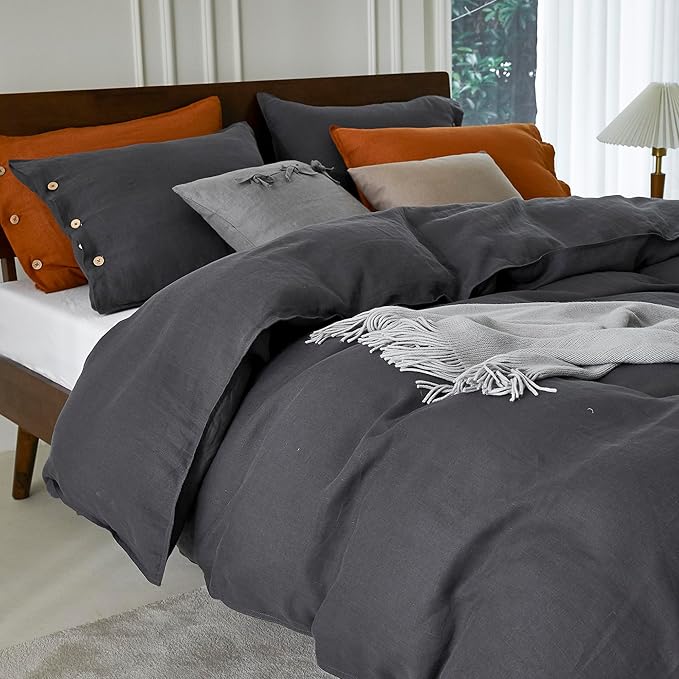 EVERLY 100% Pure Linen Duvet Cover Set Queen Size90X90Inch 3pcs (1 Duvet Cover,2 Pillowcases) Soft and Breathable for All Season with Coconut Button Closure, Suitable for Hot Sleepers-Dark Grey-Queen