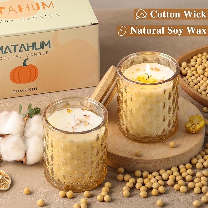 2 Pack Pumpkin Scented Candles for Home Decor, 6.5oz Natural Soy Wax Fall Candle Aromatherapy Jar Candles, Housewarming Gift for Women