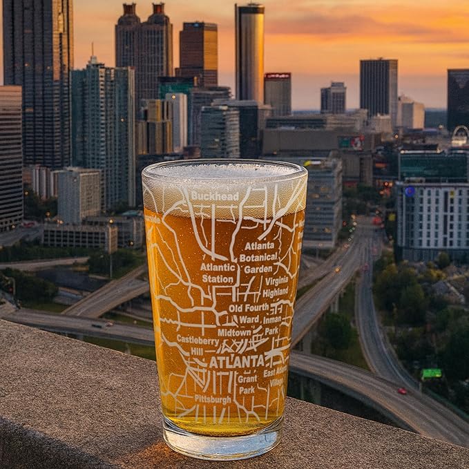 Greenline Goods – Atlanta, GA Map Pint Beer Glasses (Set of 2), 16 oz – Etched Wrap Design