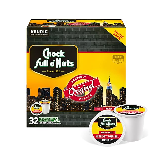 Chock Full o' Nuts Heavenly Original Keurig K-Cup Pods for Keurig Brewers – Premium Arabica, Medium Roast – Single Serve – 1 Pack of 32 K-Cup Pods