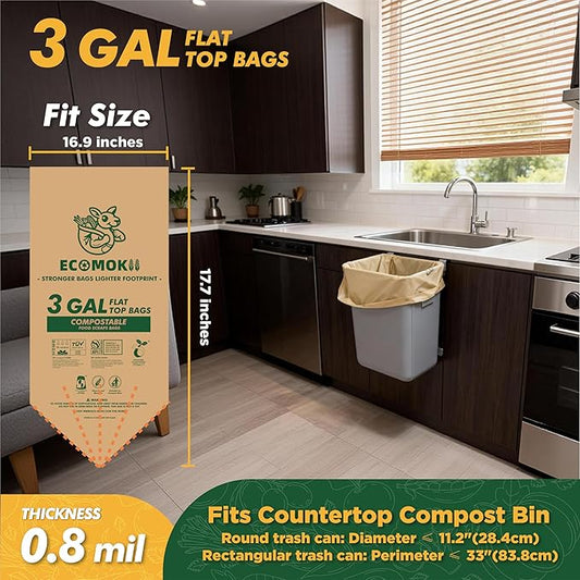 EcoMokii Compostable Trash Bags 3 Gallon, 120 Count, Extra Thick 0.8 Mil Small Compost Bags for Kitchen Countertop Bin, Food Scrap Bag Certified by BPI & OK Compost Home