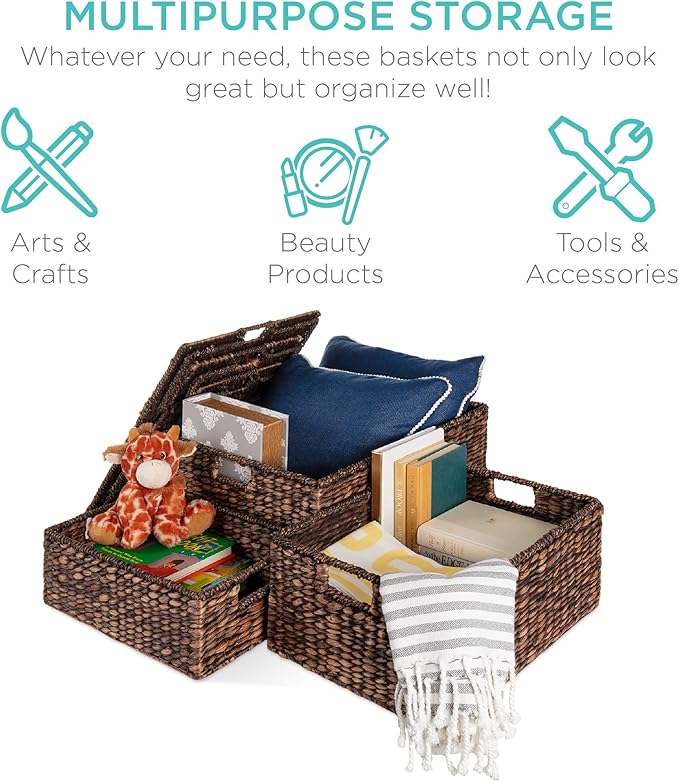 Best Choice Products Set Of 3 Large Multipurpose Hyacinth Storage Baskets, Handwoven Rectangular Organizer Totes for Bedroom, Living Room w/Insert Handles, Removable Lid - 21", 20", 18"