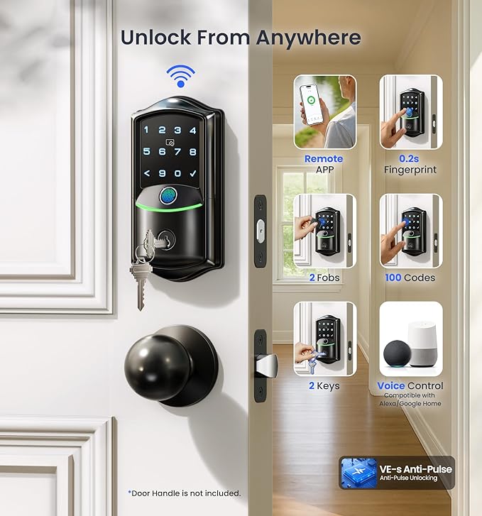 Veise VE027 Built-in Wi-Fi Smart Lock, Fingerprint Keyless Entry Front Door Lock, App Remote Control, No Hub Needed, Keypad Deadbolt, IP65 Waterproof, BHMA Grade 3, Matte Black