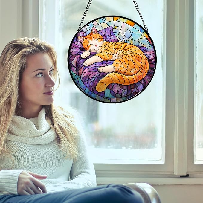 Stained Glass Window Hanging Sleeping Orange Cat Large 15" - Memorial Gift Suncatcher Door Sun Catcher Decor Birthday Christmas for Lost Pets Mom Men Woman Friend