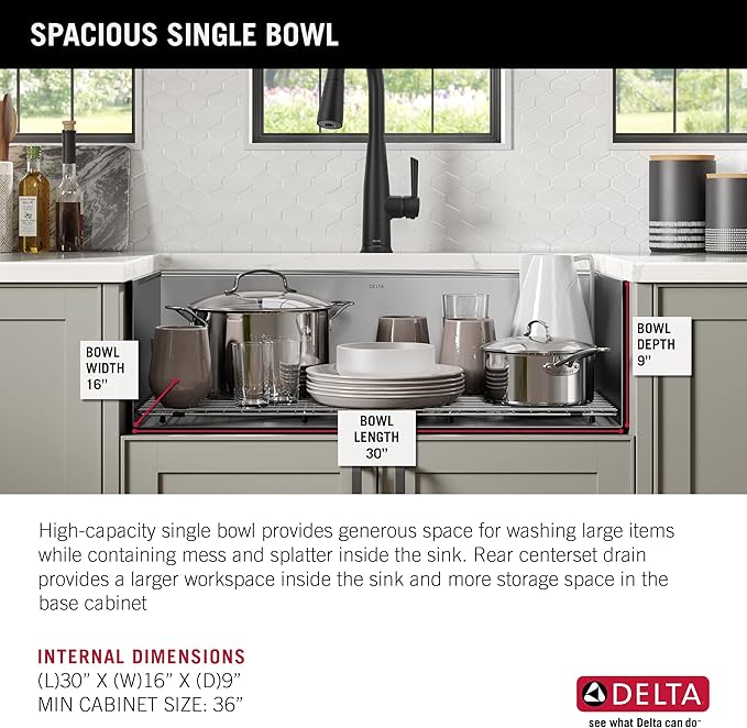 DELTA FAUCET DELTA Rivet 32-Inch Workstation Kitchen Sink Undermount 16 Gauge Stainless Steel Single Bowl with WorkFlow Ledge and Chef’s Kit of 6 Accessories, 95B931-32S-SS