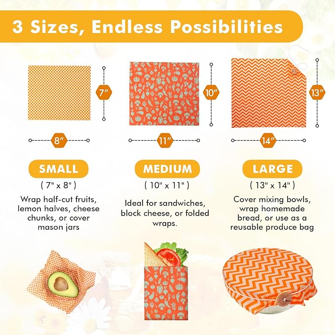 Beeswax Wraps for Food, 3 Pack (S, M, L) Reusable Food Wraps, Bread Sandwich Wrap, Beeswax Paper with Bukcle, Zero Waste, Plastic-Free Food Storage Wrap