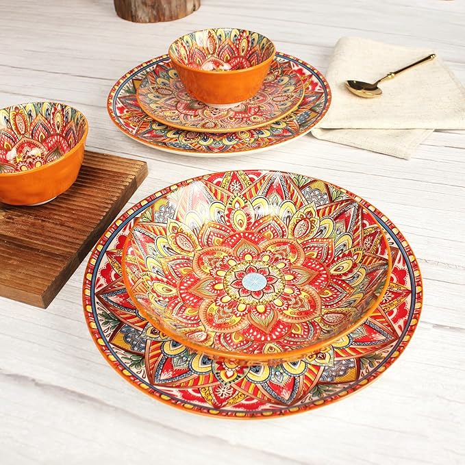 Mandala Dinnerware Sets (16 PCS) Serves for 4, Buffet Dinnerware, Boho Plates and Bowls Set with 8.3" salad Plate 8.6"/10.6"dinner Plate 6.4" bowl, apply Indoor Outdoor Dining