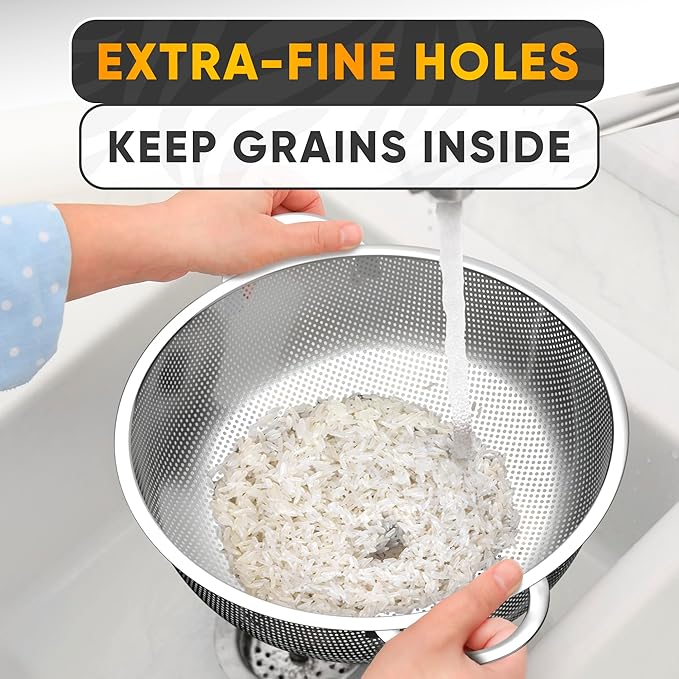 Stainless Steel Colander for Kitchen - 5Qt Rice Strainer With Handles, Perforated Design, Dishwasher Safe, Rust-Resistant - Versatile Stainless Steel Strainer for Grains, Spaghetti, Veggies & Fruits