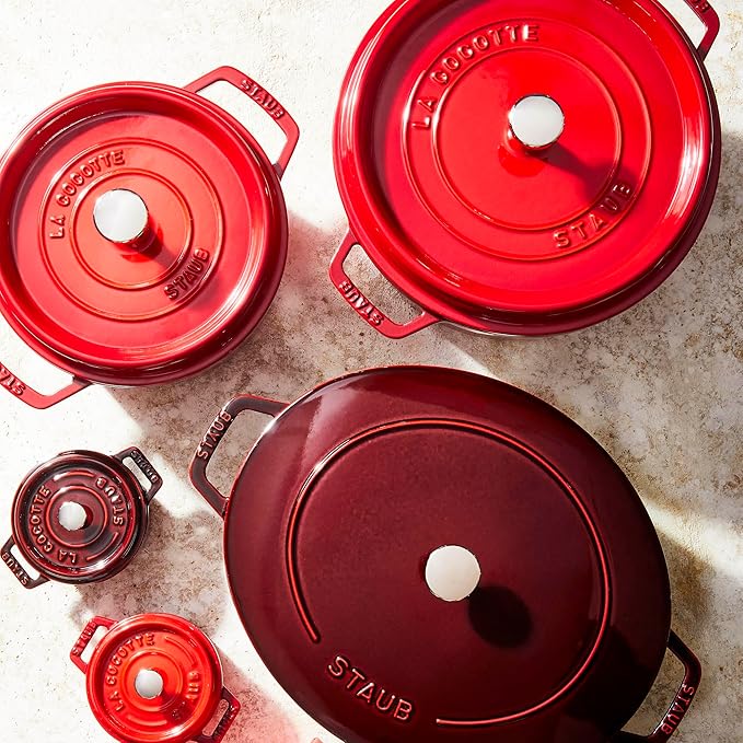 STAUB Cast Iron Dutch Oven 4-qt Round Cocotte, Made in France, Serves 3-4, Cherry