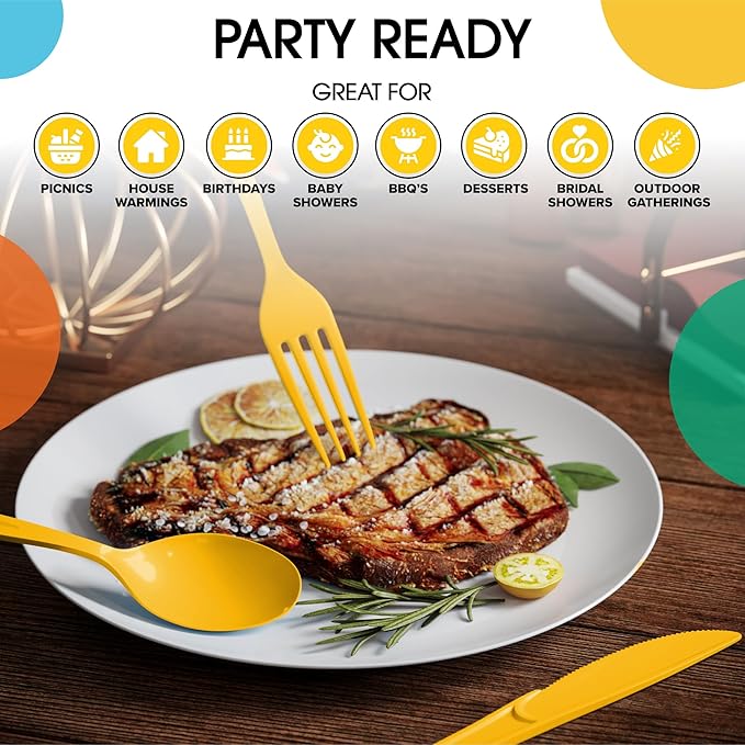 Party Solids Yellow Plastic Silverware Heavy Duty 150 Pieces Yellow Disposable Silverware Heavy Duty, Utensil Sets, 50 Of Each Forks, Knives & Spoons Disposable Cutlery Set For Party Supplies